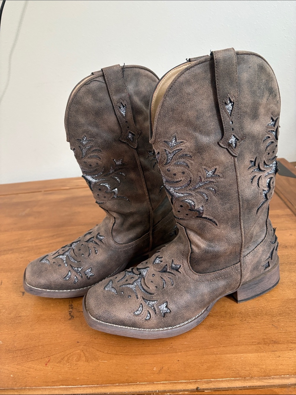 Roper Kennedy Silver Glitter Inlay Western Brown Women's Boots Size 9.5